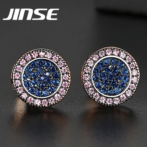 JINSE Punk Blue Cubic Zirconia Men's Stud Earrings Round Geometric Multicolor Charm CZ Stone Iced Earrings Hip Hop Jewelry Gift