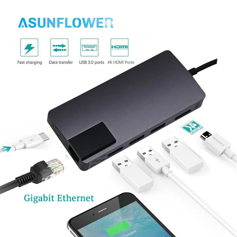 

Type C To 4K HDMI Gigabit RJ45 USB 3.0 USB C Charging HUB Splitter USB C Converter For MacBook Pro 13" 15" Multiple USB 3.0 Hub