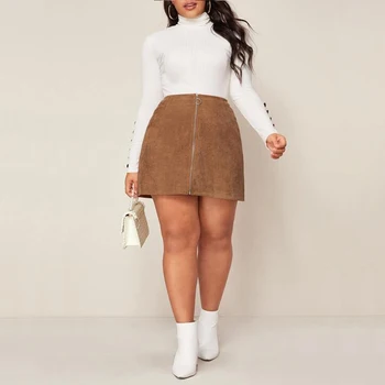 

Plus Size Summer Women's O-Ring Front Zipper Up Corduroy Short Skirt Casual High Waist Pencil Shirt