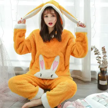 

Kawaii Rabbit Cartoon Winter Pajamas Set Women Warm Home Clothes Winter Female Homewear Fleece Thick Lounge Wear Warm Atoff Home