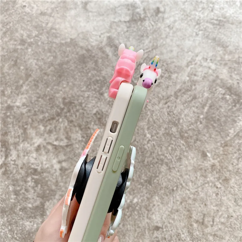 Super cute Cartoon 3D Teddy dog Dinosaur stand holder soft  case for iphone 12 Pro MAX 11 7 8 XS XR 13 plus lovely unicorn cover iphone 13 pro phone case
