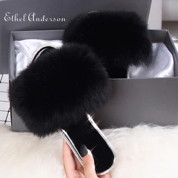 

Bright Diamond Fluffy Plush Warm Slippers Flat Fur Slippers Shoes New Hot Fashion Real Fox Raccon Fully Fur Slippers Rhinestone