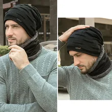 Beanie Hat Scarf Set Men Autumn Winter Thick Thermal Fluffy Knitted Cap Neck Warmer Headwear For Outdoor Activities
