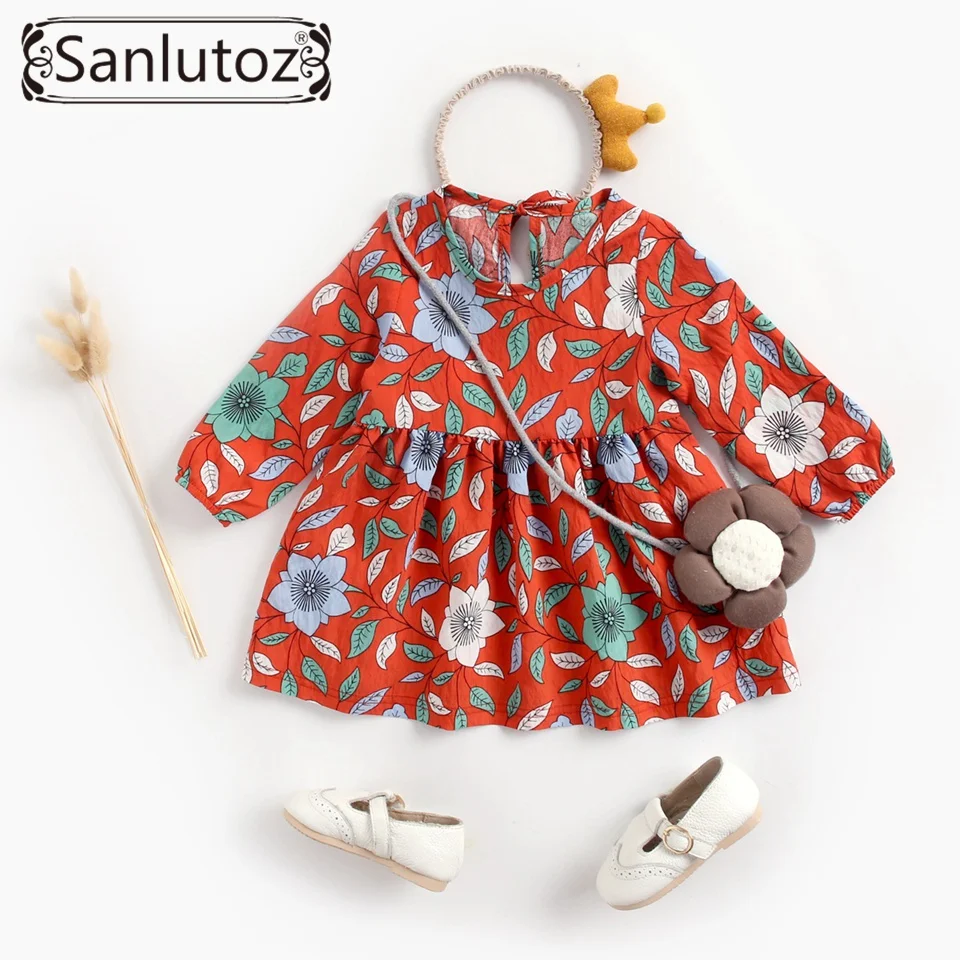 Sanlutoz/Хлопковое платье с цветочным рисунком для малышей; платья с длинными рукавами для маленьких девочек; платья для малышей; вечерние и свадебные платья