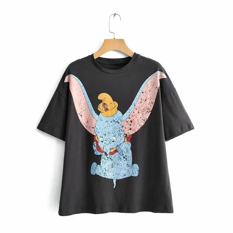 Женская футболка Dumbo, летняя футболка с рисунком слона, топы, новинка, Женский Топ с круглым вырезом и коротким рукавом, черная футболка A136