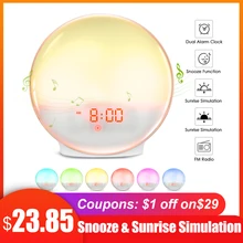 Новинка, FM радио, светильник-будильник, будильник с закатом, выцветает, Ночной светильник и функция повтора и 7 цветов, имитация восхода солнца