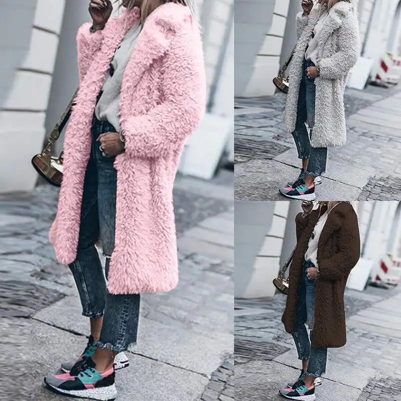 Plus Size ZANZEA Winter Open Stich Jackets Women Solid Lapel Long Sleeve Long Cardigans Fluffy Coat Outwear Female Overcoat