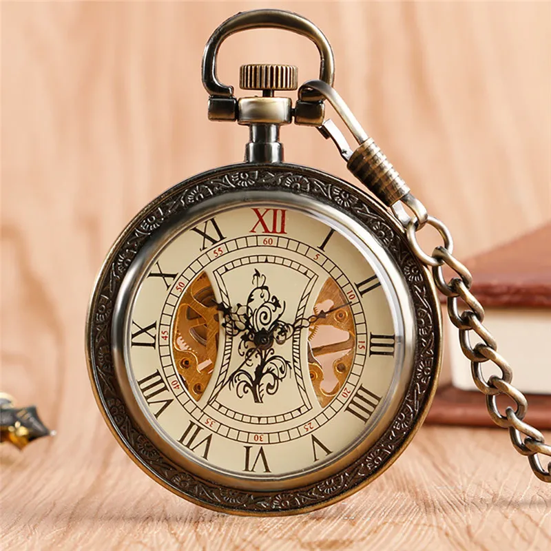 Classical Bronze Unisex Mechanical Hand Winding Skeleton Pocket Watch Roman Numeral Dial Fob Pendant Chain Open Face Clock