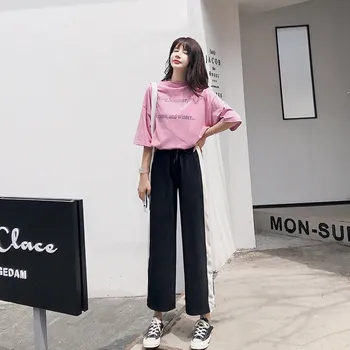 

2019 pants women Elastic Waist Nine Pants Split Fork High Waist Wide Leg Straight Sports Casual Trousers 1