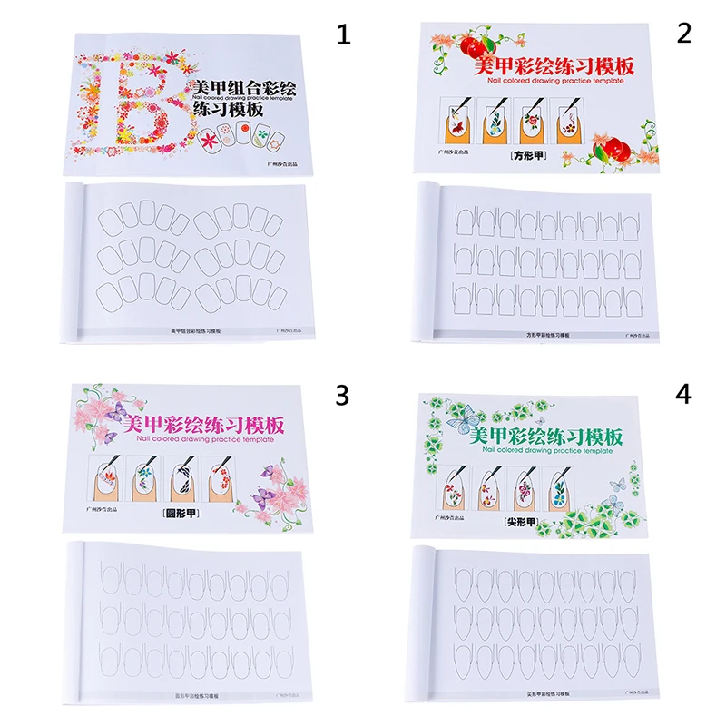 Multi-shaped Nail 24 Pages Nail Art Practice Book Colored Drawing Painting Template Manicure Tools