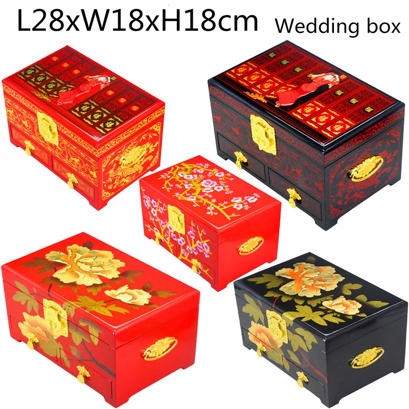 

3 Layer Large Wooden Box with Lock Home Decor Storage Box Lacquerware Chinese Wedding Gift Sliding drawer Jewelry Box Packaging