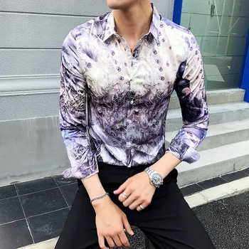 

M-3XL Summer Peacock Print Mens Shirts Dress Long Sleeve Shirt Men Turn Down Collar Casual Slim Fit Gentlemen Shirts Male