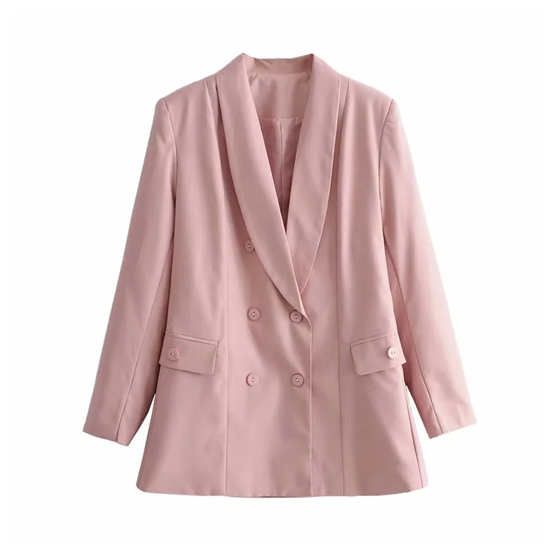 ZXQB стильное и изящное Для женщин розовый пиджак двубортное пальто с длинными рукавами и карманами куртки-блейзеры Повседневное 2019 осень