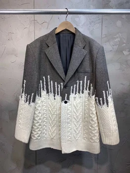 

2019 Autumn Winter New Patchwork Full Sleeved Panelled Loose Fashion Women Knit Padded Suit Jacket Cosual Gray Coat QJ741