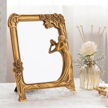 

Golden Embossed Makeup Mirror French Retro Old Distressed Light Luxury Home Decoration Mirror Bathroom Fitting Mirror