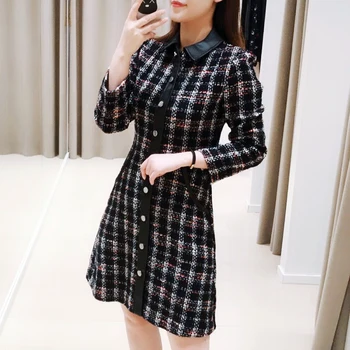 

Women Plaid Sweater Dress Single Breasted Long Sleeve Short Dress Autumn Winter Vintage Fashion Ladies Dresses
