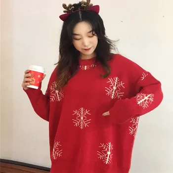 

Winter Kintted Red Chrismas Pattern Women Sweater Autumn O Neck Long Sleeve Jumpers Female 2019 Loose Casual Ladies Pullover