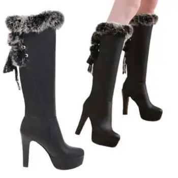 

Women's Fur Trim Pull On Block Heel Round Toe Platform Knee High Boots Winter