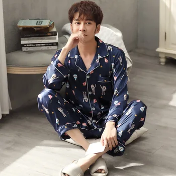 

Men Pajamas Spring and Autumn New Style Silk Fabrics Tracksuit Cardigan Long Sleeve Trousers Set Silk High Quality Home Wear Men