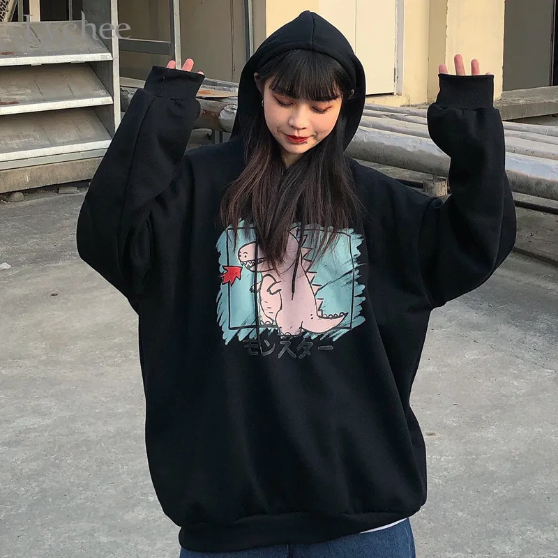 Lychee Harajuku мультфильм Динозавр Женские флисовые толстовки повседневные свободные женские толстовки спортивный костюм хлопок зимние женские пуловеры