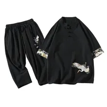Men's Chinese style suit loose men's clothing new summer dress Tang suit flying crane embroidery Chinese style large size suit