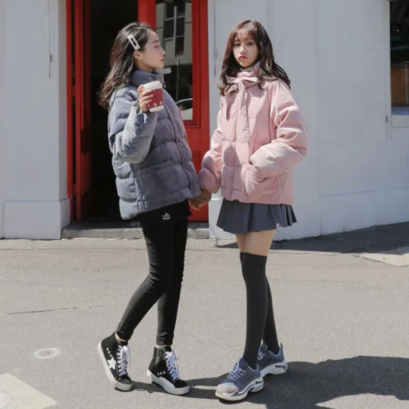 

Photo Shoot Main Push CHIC Sweet Light Pink Bow Lace-up Stand Collar Corduroy down Coat Women Coat Cropped Jacket