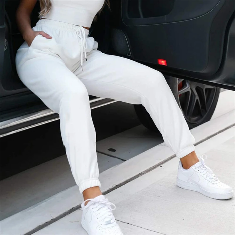 Pantalones casuales de moda para mujer, pantalón de chándal de cintura alta, elásticos, con cordones, de color sólido, deportivos, para Fitness
