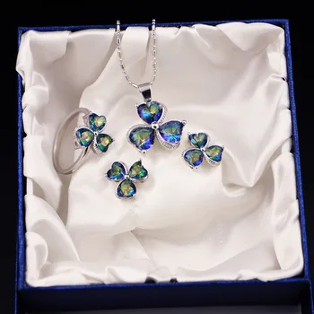 

GZJY Women Multicolor Blue Crystal Jewelry Sets 925 Sterling Silver Stud Earrings Clover Necklace Pendant Ring Sets
