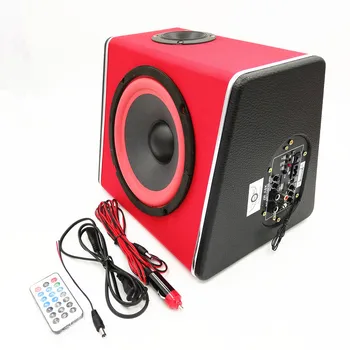 

8 Inch 680W 12V 24V 220V Audio Active Subwoofer Bluetooth Radio Red Trapezoid Shape Wooden Bass Speakers for Car/Home
