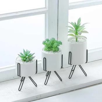 

New S/M/L Iron Wire Metal Rack Ceramic Succulent Plant Pot Cactus Holder Stand Nordic Style White Pot with Gold/Black