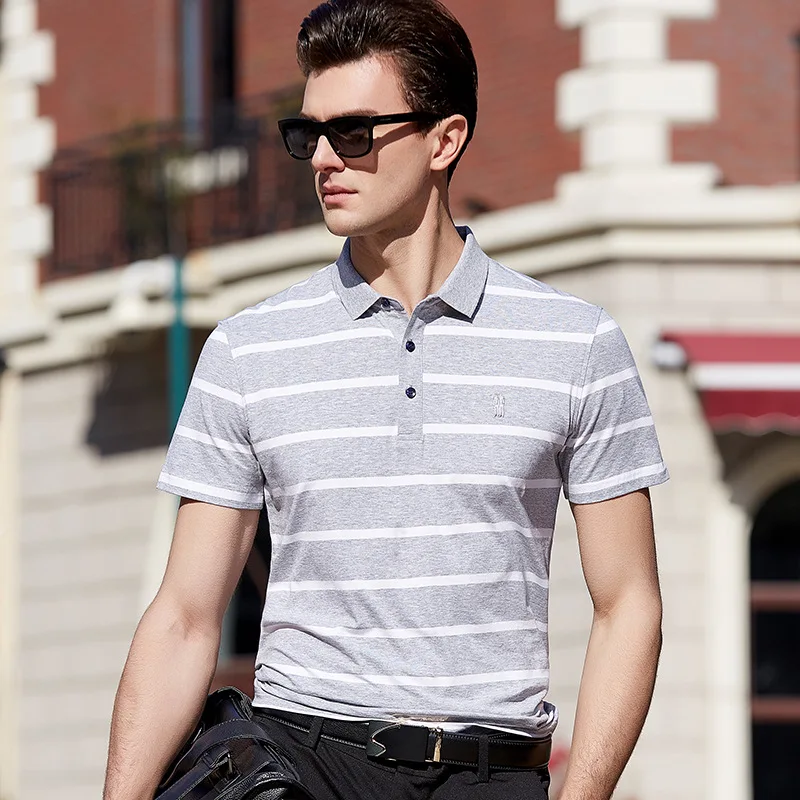 Летняя новая стильная мужская трендовая полосатая футболка с отложным воротником и коротким рукавом, молодежная деловая рубашка поло из чистого хлопка, не Fad