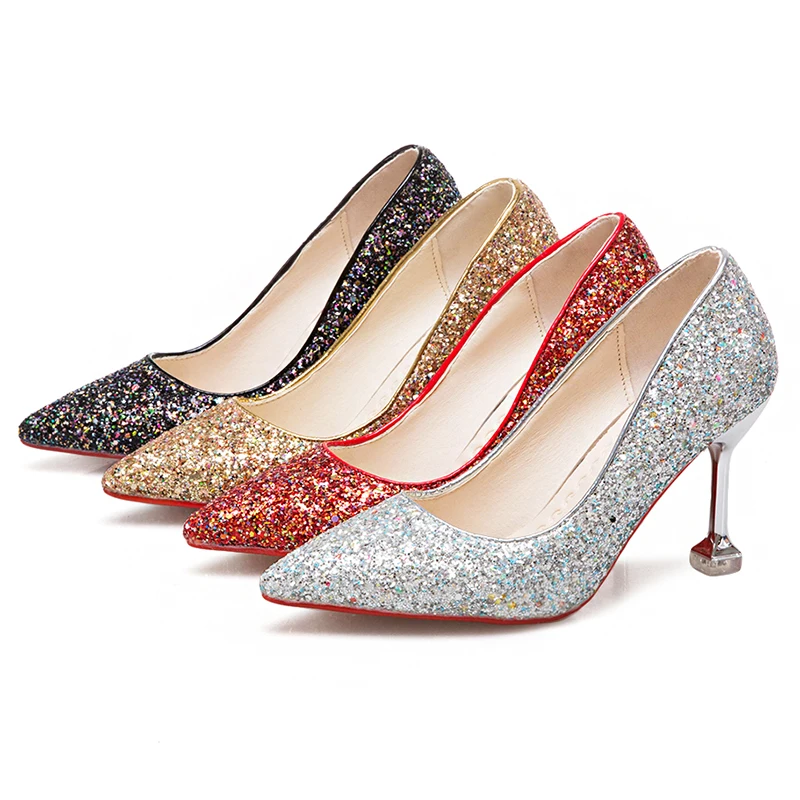 Женские блестящие туфли на высоком каблуке свадебные с блестками в Корейском