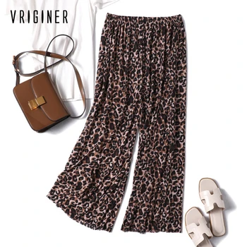 

New Summer Fashion Women Leopard Wide Leg Pants Casual Elastic High Waist Ice Silk Ankle-length Pants Loose Female Sexy Culottes