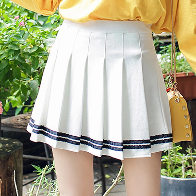 Women Skirt High Waist A-Line Women Skirt Striped Stitching Sailor Pleated Skirts Elastic Waist Sweet Girls Dance Skirts