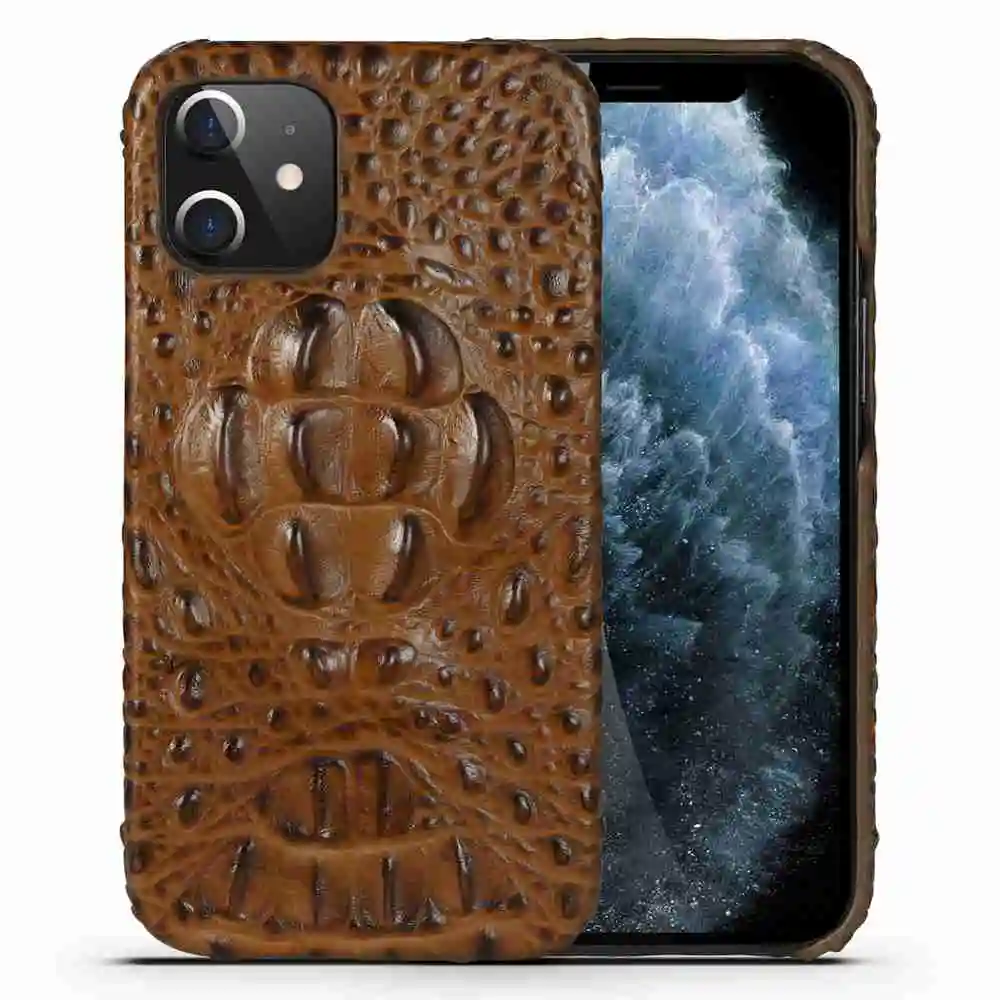 Genuine Cowhide Leather Case For iPhone 14 Pro Max 13 12 3D Crocodile Skull Grain Alligator Head Texture Hard Back Cover Funda