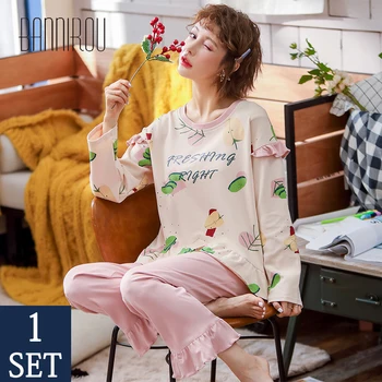 

BANNIROU Women's Pajamas Set Autumn Winter Soft Homewear Suits Female Pajamas 100% Cotton Cute Comfortable New Sleepwear 2020