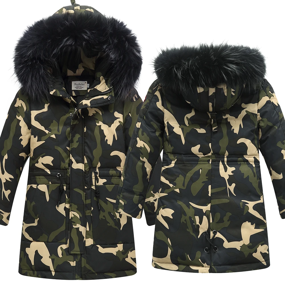 2019 г. Зимние детские пуховики пуховые пальто для мальчиков в камуфляжном стиле