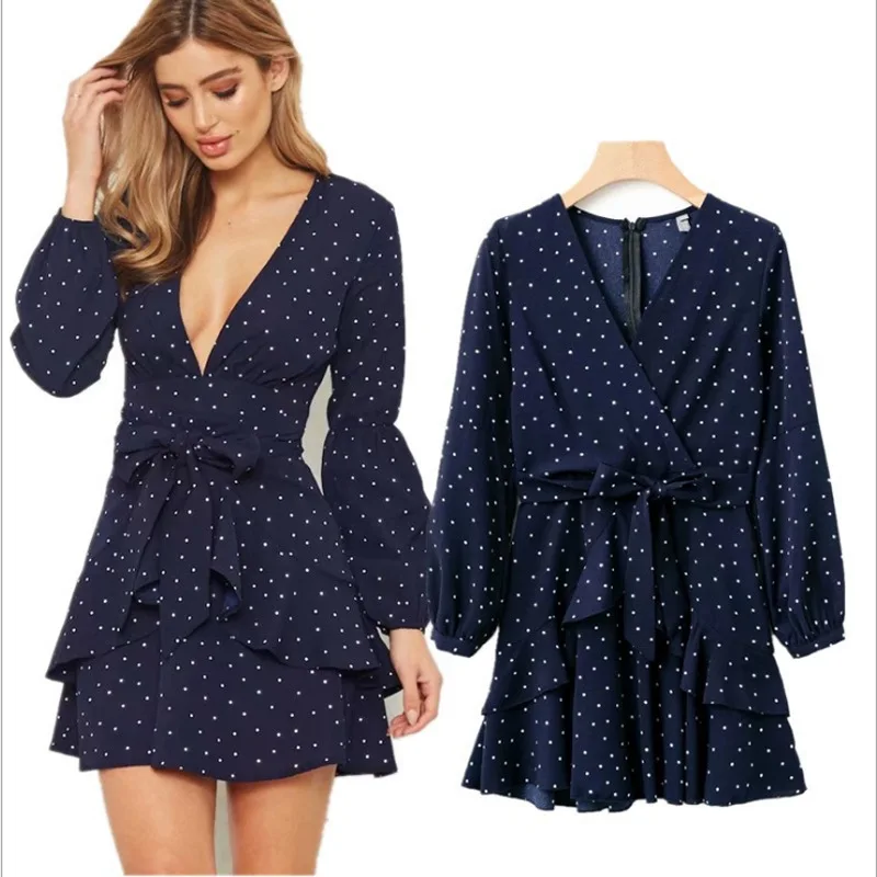 

2019 Europe And America Popular Bubble Chiffon Polka Dot Printed New Style V-neck Belt Long Sleeve Low-Cut WOMEN'S Dress One Pie