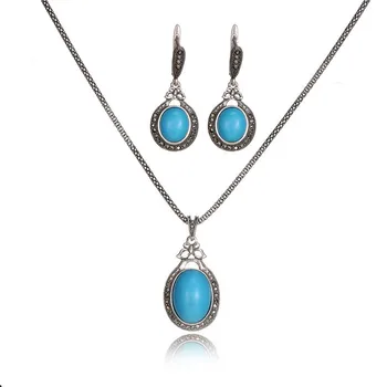 

TSHOU213 Bohemian blue crystal water drop pendant necklace earrings set 2 piece set