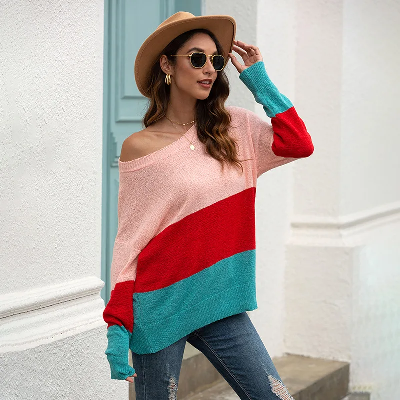 

Women's sweater striped stitching strapless 2020 autumn and winter women's loose plus size casual pullover sweater women's sweat