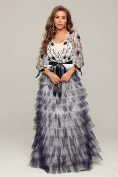 

Top Quality Women Party Mesh Full Sleeve Cascading Ruffle Elagant Print Show Evening Nightclub Celebrity Dress