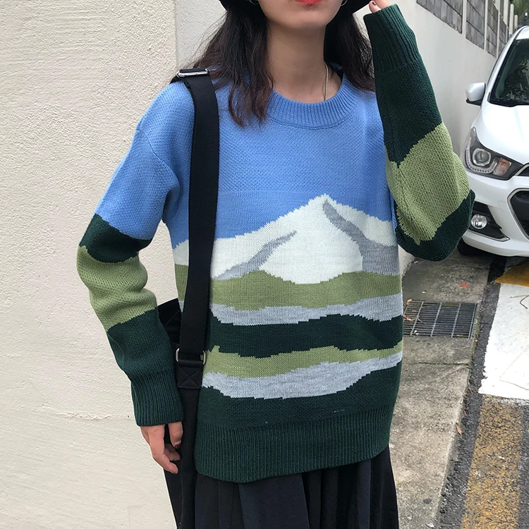 

autumn womens sweaters 2019 harajuku korean clothes fashion retro snow mountain oversized knitted winter sweater women pullover