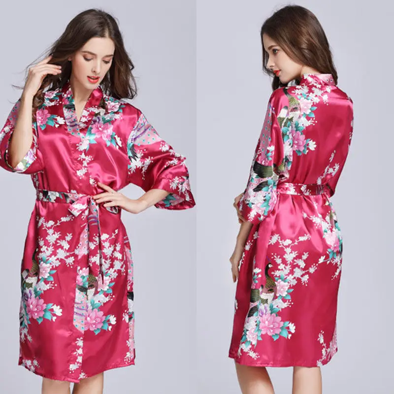 Women´s Satin Robe Kimono Dress Summer Sexy Gown Half Sleeve Floral Print Sleepwear Mini Night Dress Bathrobe - Цвет: Красный