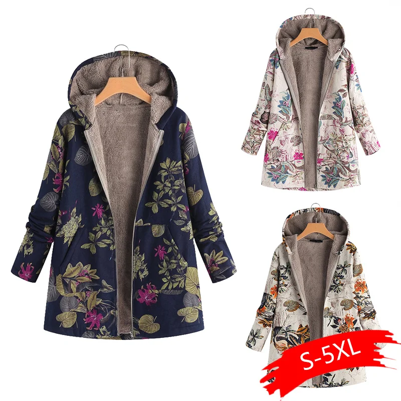 

5XL Hooded Print Parkas Mujer Winter Coats Women Thicken Velvets Plus Size Liner Tops Pockets Loose Warm Ladies Down Cotton Coat