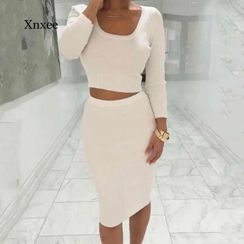 

Women Dress Autumn Winter Sexy Bandage Two Piece Dresses Long Sleeve Kintted Crop Clothing Female Sexy Autumn Dress Women 2020