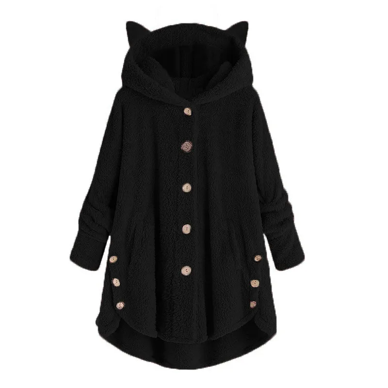 

Wool Blend Fashion Women Button Cat Ear Coat Fluffy Turn-down Collar Outwear Jacket Casual Tops Hooded Pullover Loose Sweater#45