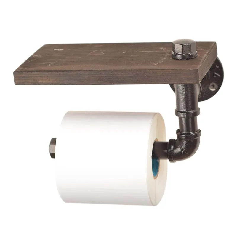 Деревенские полки для ванной, промышленные Ретро железные держатели для туалетной бумаги, бумажные салфетки в рулонах для ванной комнаты, деревянная полка