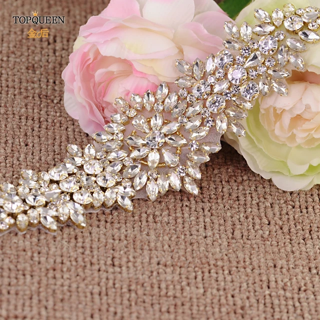 TOPQUEEN S319-G Luxury Bridal Belt Gold Rhinestone Applique Wedding Accessories Women Diamond Sash Moroccan Caftan Decoration applique no ribbon