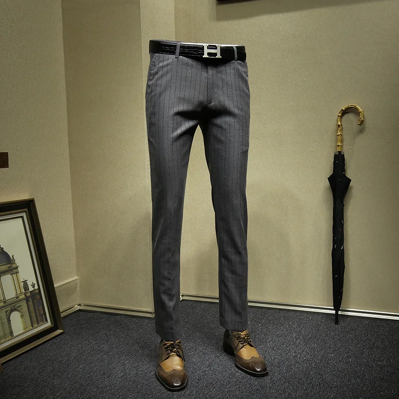 mens dress pants grey stripe slim fit suit pants formal pant for business man wedding groom autumn fashion casual trousers