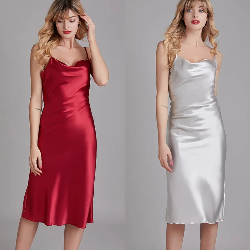 

Sexy Sling Lady Elegant Slim Collar Thin Night Dresses Female HomewearCan Wear Dresses Spring Summer Silk